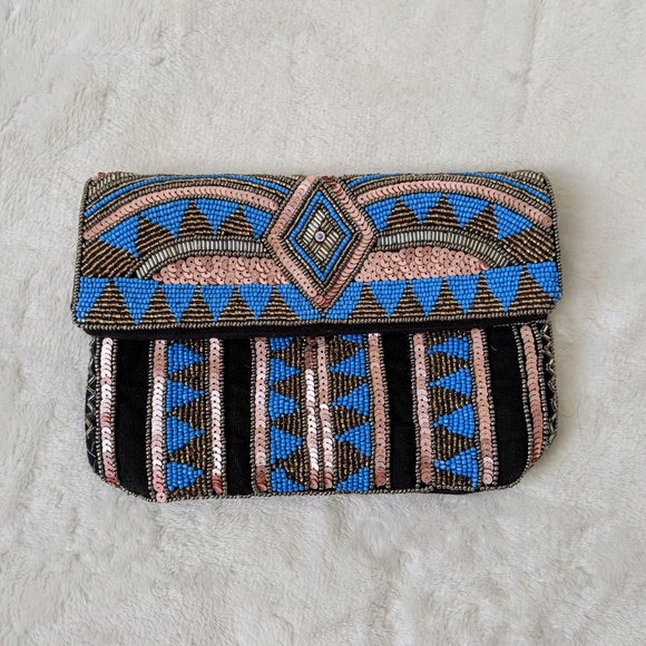 Atmosphere Handbags - Atmosphere Blue, Black, Beaded Clutch, Purse
